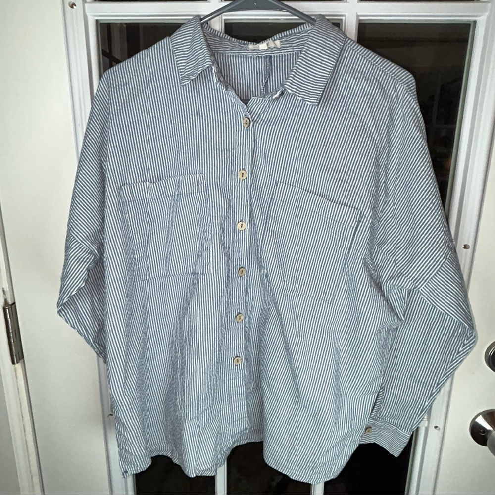 Easel Blue and White Striped Oversized Cotton Shirt Nautical Coastal Summer